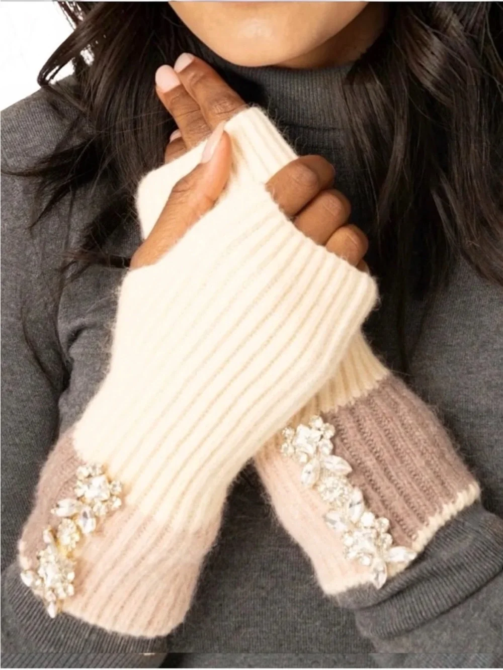 Crystal Knit Embelished Fingerless Gloves  Adrienne Landau NWT $79 $150